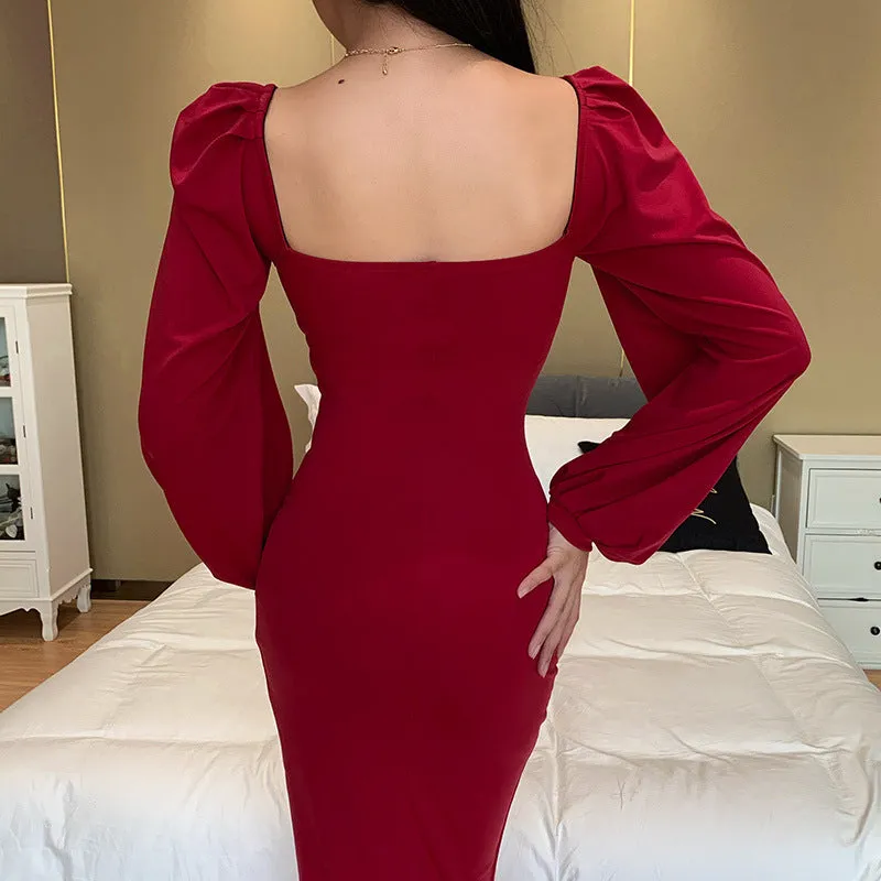 Square Collar Bubble Sleeve Slit Leg Party Bodycon Midi Dresses Black