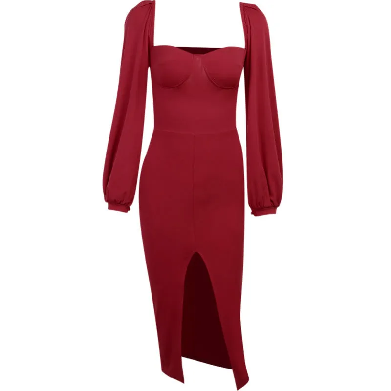 Square Collar Bubble Sleeve Slit Leg Party Bodycon Midi Dresses Black