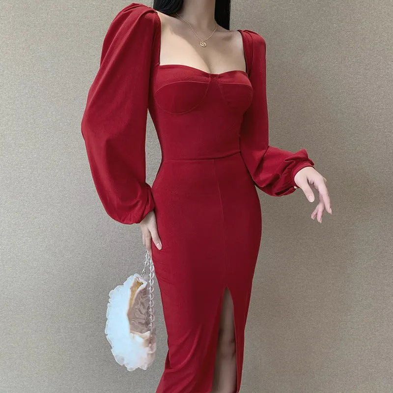 Square Collar Bubble Sleeve Slit Leg Party Bodycon Midi Dresses Black