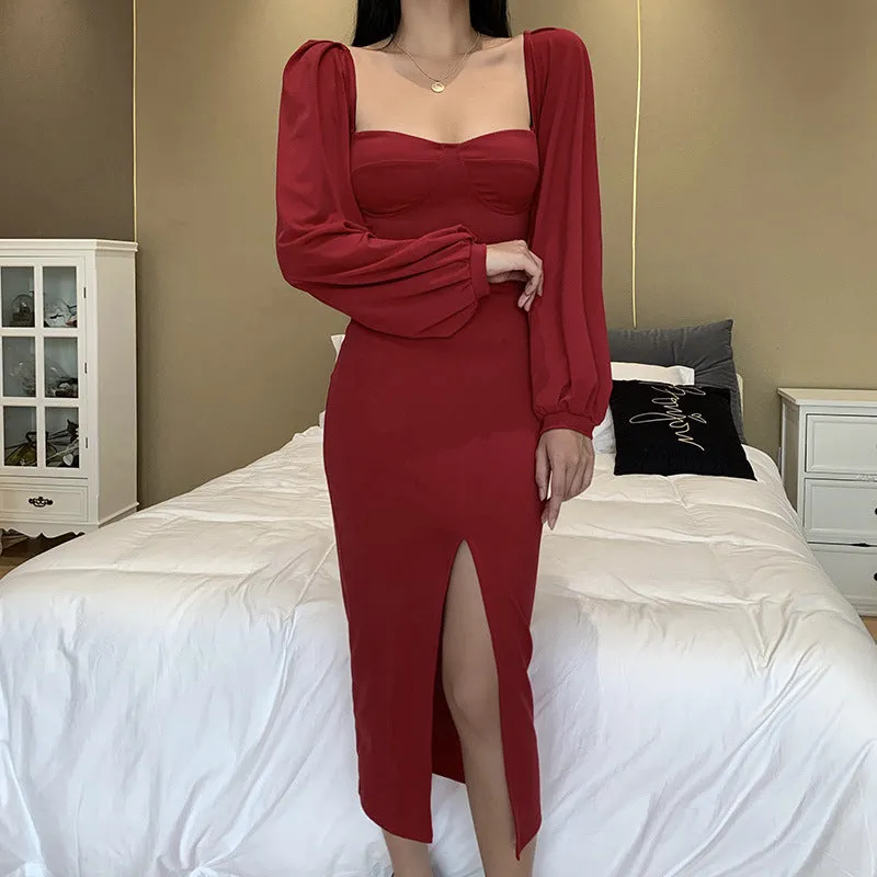 Square Collar Bubble Sleeve Slit Leg Party Bodycon Midi Dresses Black