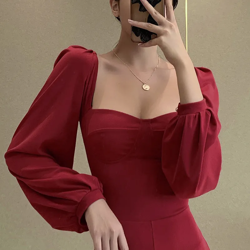 Square Collar Bubble Sleeve Slit Leg Party Bodycon Midi Dresses Black