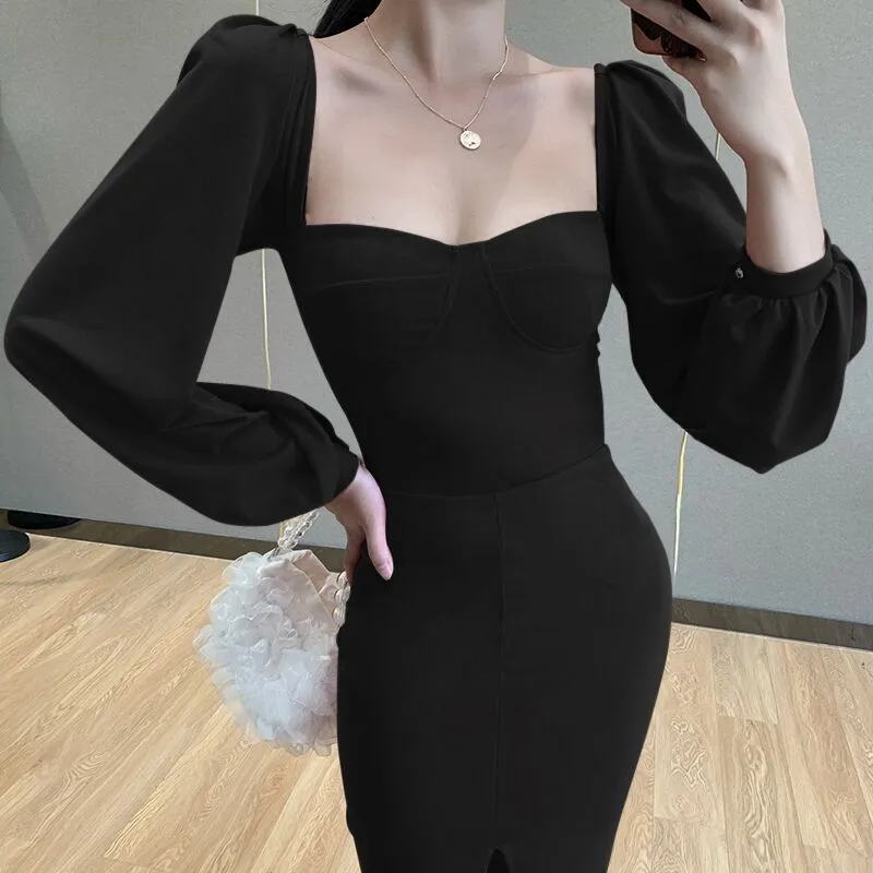 Square Collar Bubble Sleeve Slit Leg Party Bodycon Midi Dresses Black