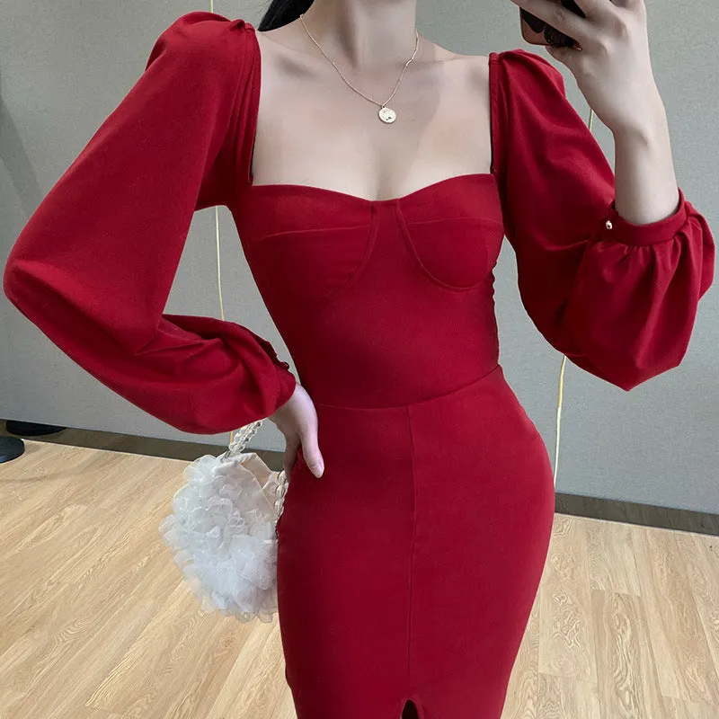 Square Collar Bubble Sleeve Slit Leg Party Bodycon Midi Dresses Black