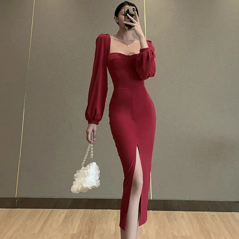 Square Collar Bubble Sleeve Slit Leg Party Bodycon Midi Dresses Black