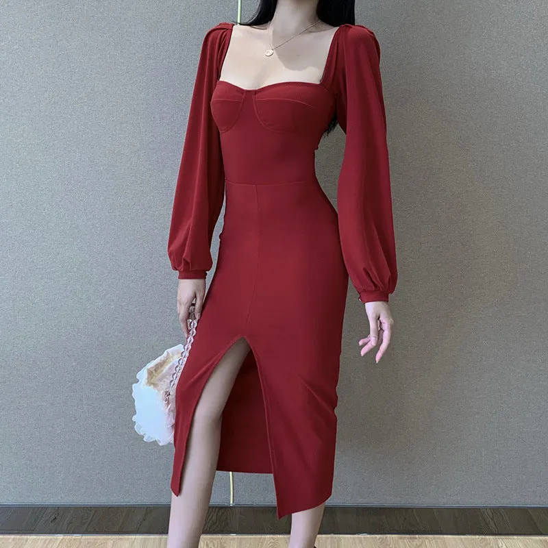 Square Collar Bubble Sleeve Slit Leg Party Bodycon Midi Dresses Black