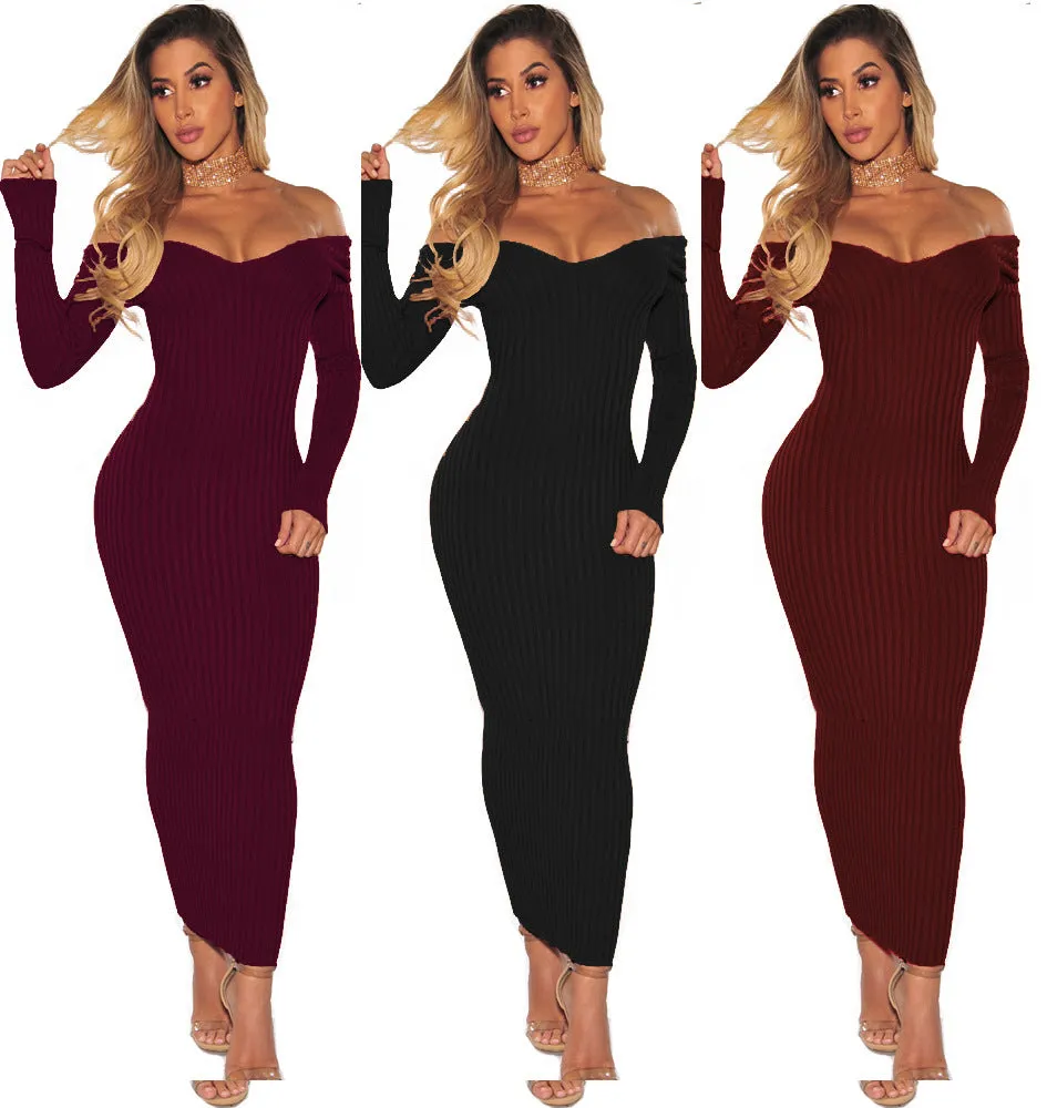 Strapless Dress Women Sexy Off Shoulder Long Sleeve Bodycon