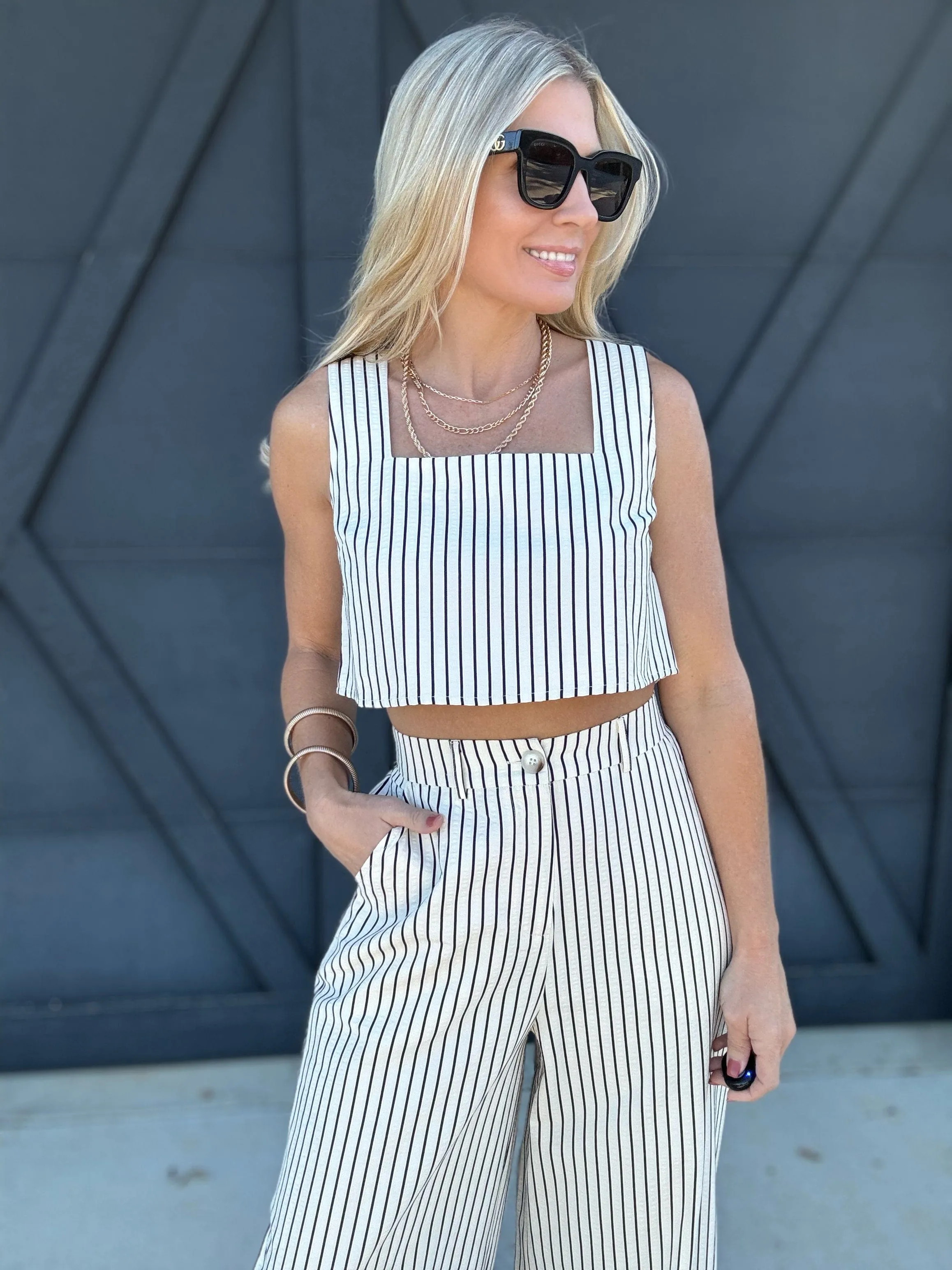 Stripe Sleeve Crop Top and Pants Set In Cream