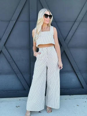 Stripe Sleeve Crop Top and Pants Set In Cream
