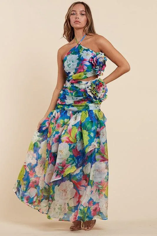 Summer Bloom The Blue Flower Halter Maxi Dress