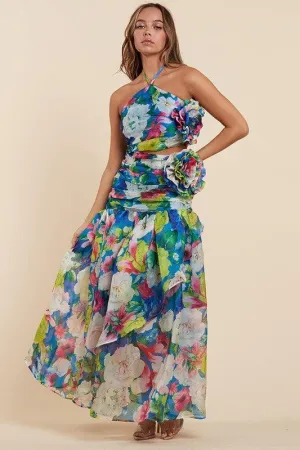 Summer Bloom The Blue Flower Halter Maxi Dress