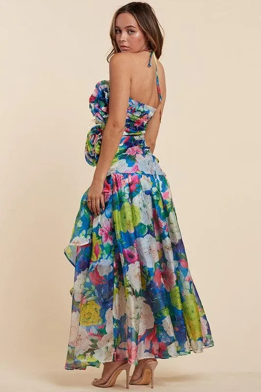 Summer Bloom The Blue Flower Halter Maxi Dress