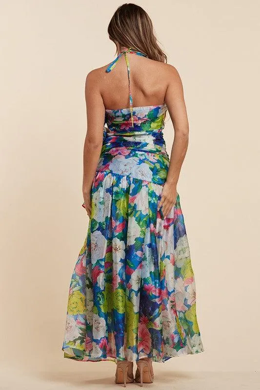 Summer Bloom The Blue Flower Halter Maxi Dress