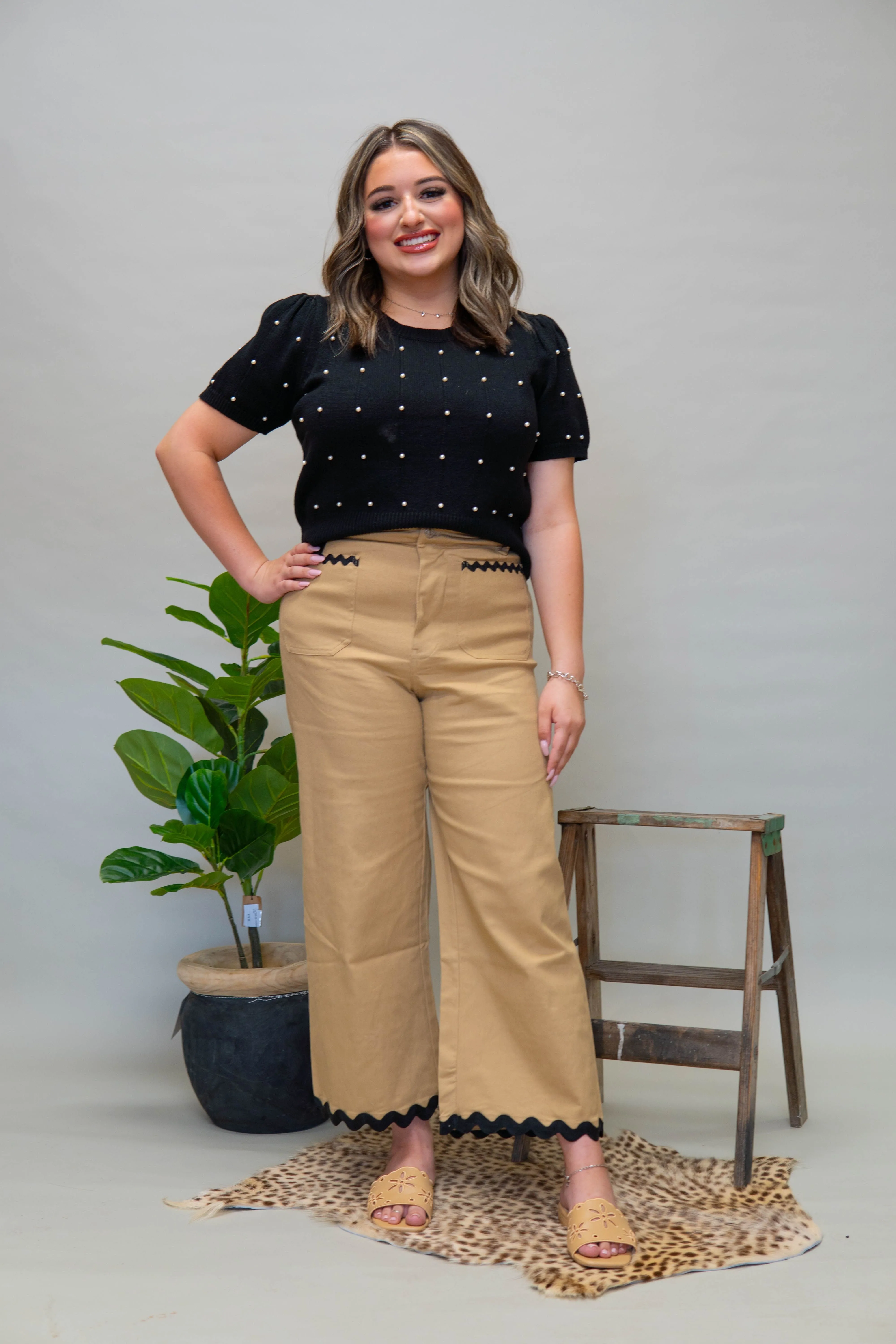Taupe Ric Rac Trim Pants PH12127
