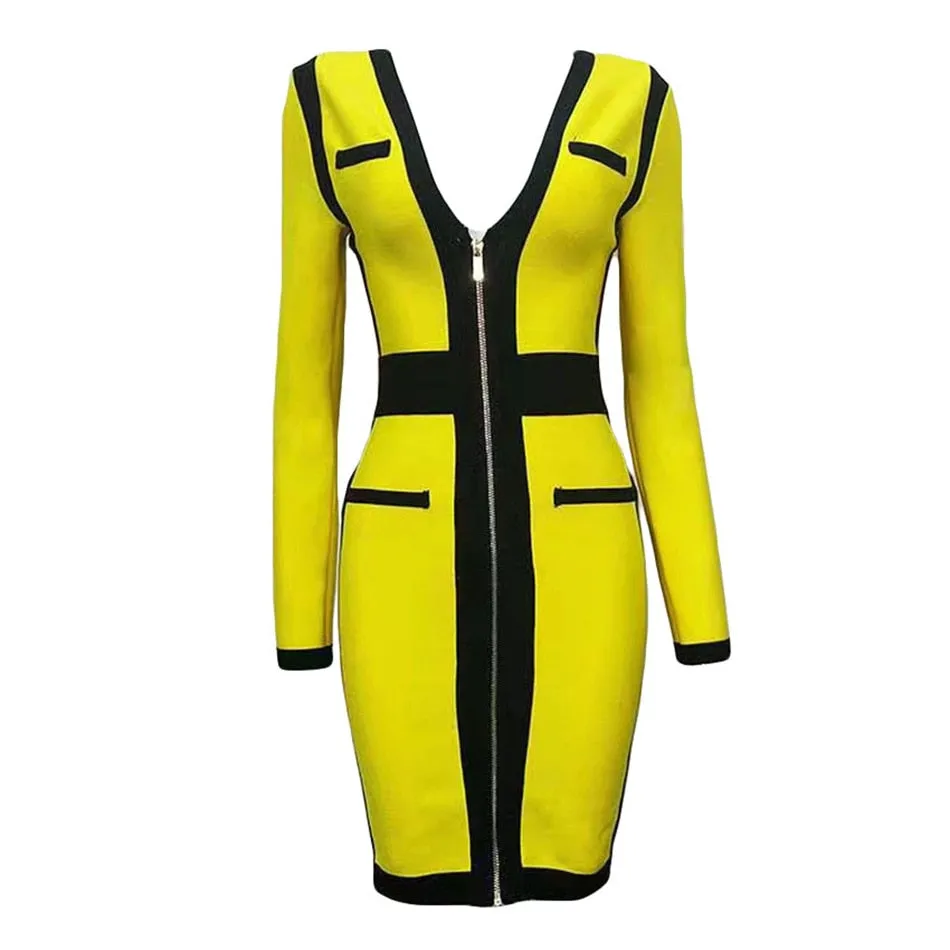 V Neck Bandage Dress Patchwork Bodycon Dress