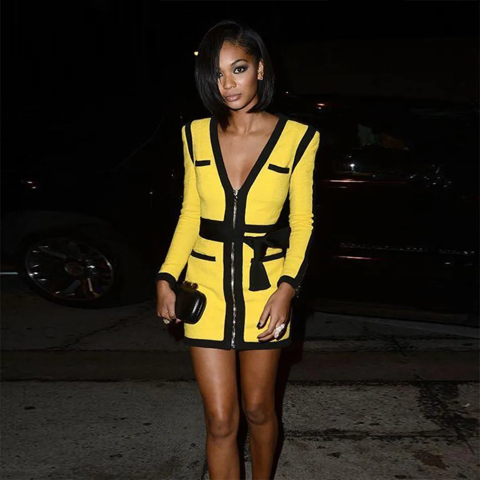 V Neck Bandage Dress Patchwork Bodycon Dress