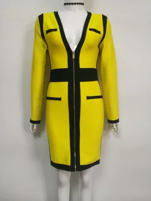 V Neck Bandage Dress Patchwork Bodycon Dress