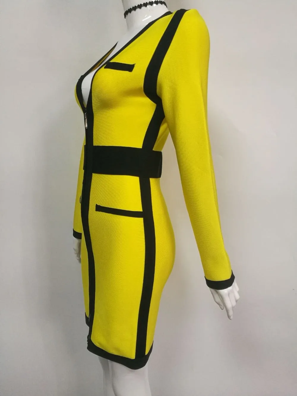 V Neck Bandage Dress Patchwork Bodycon Dress