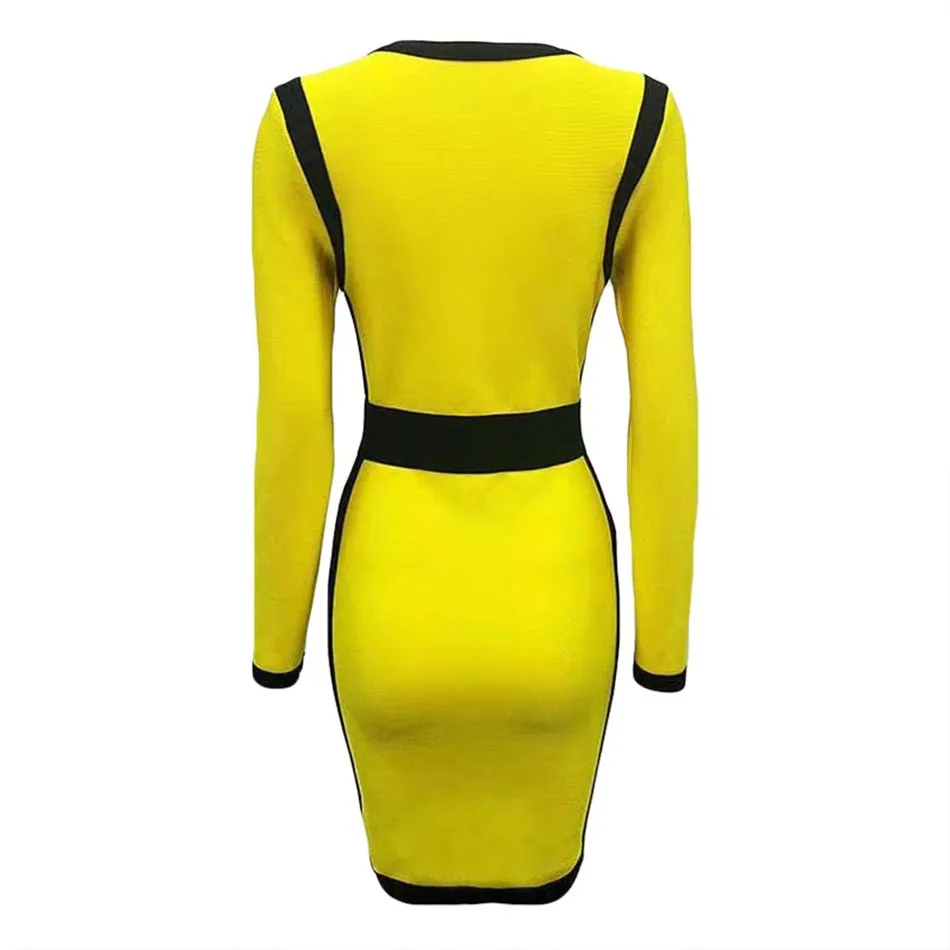 V Neck Bandage Dress Patchwork Bodycon Dress