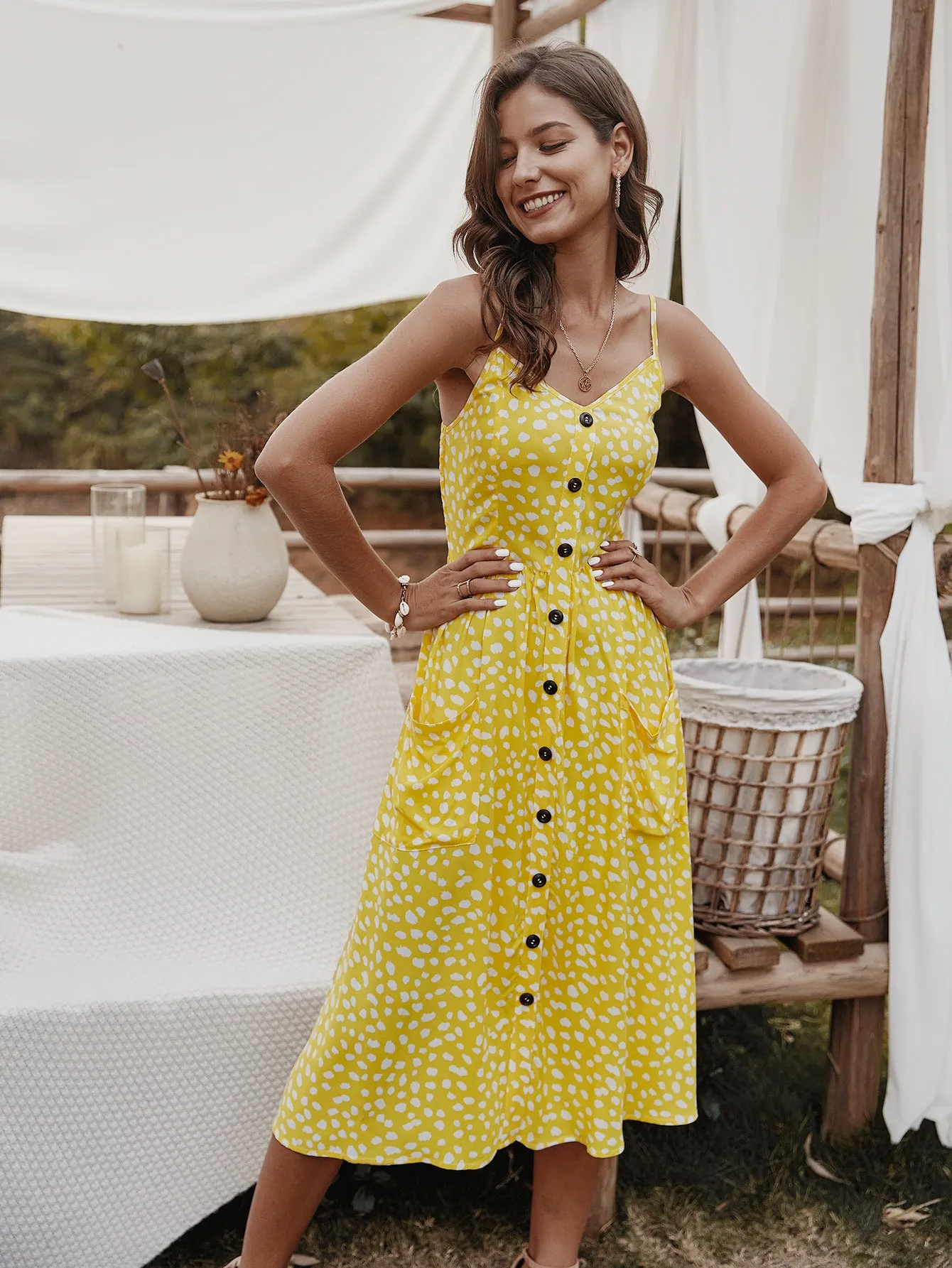 V-neck Suspenders Single-breasted Printed Maxi Dress