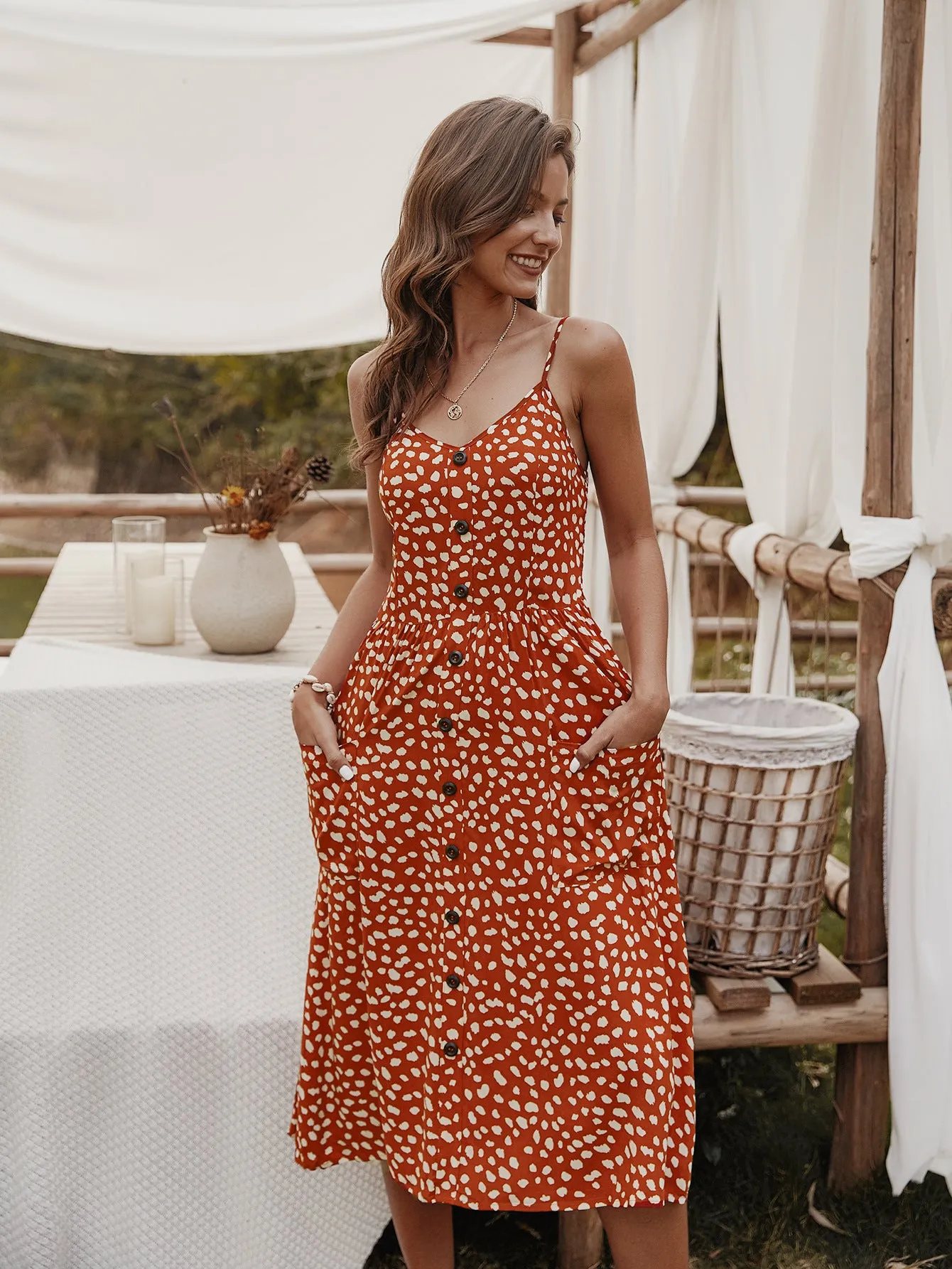 V-neck Suspenders Single-breasted Printed Maxi Dress
