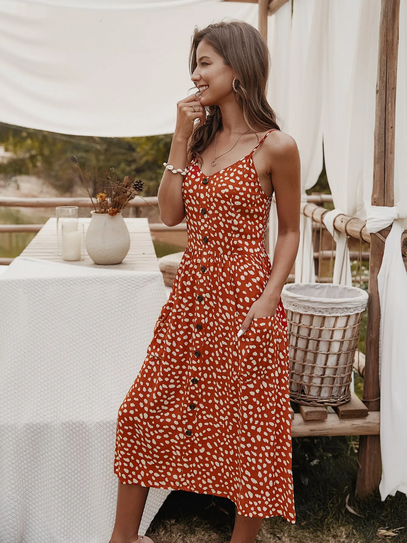 V-neck Suspenders Single-breasted Printed Maxi Dress