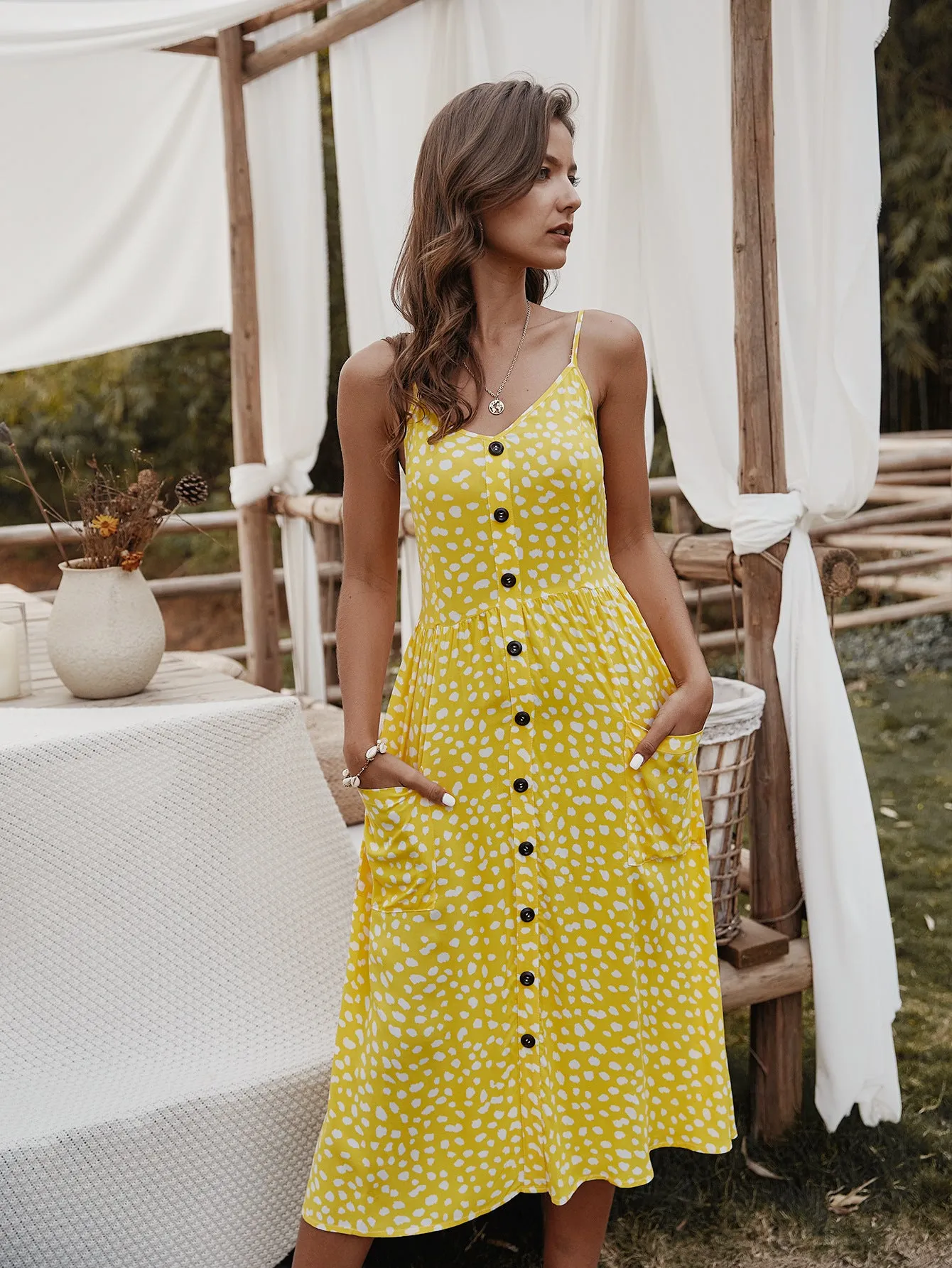 V-neck Suspenders Single-breasted Printed Maxi Dress