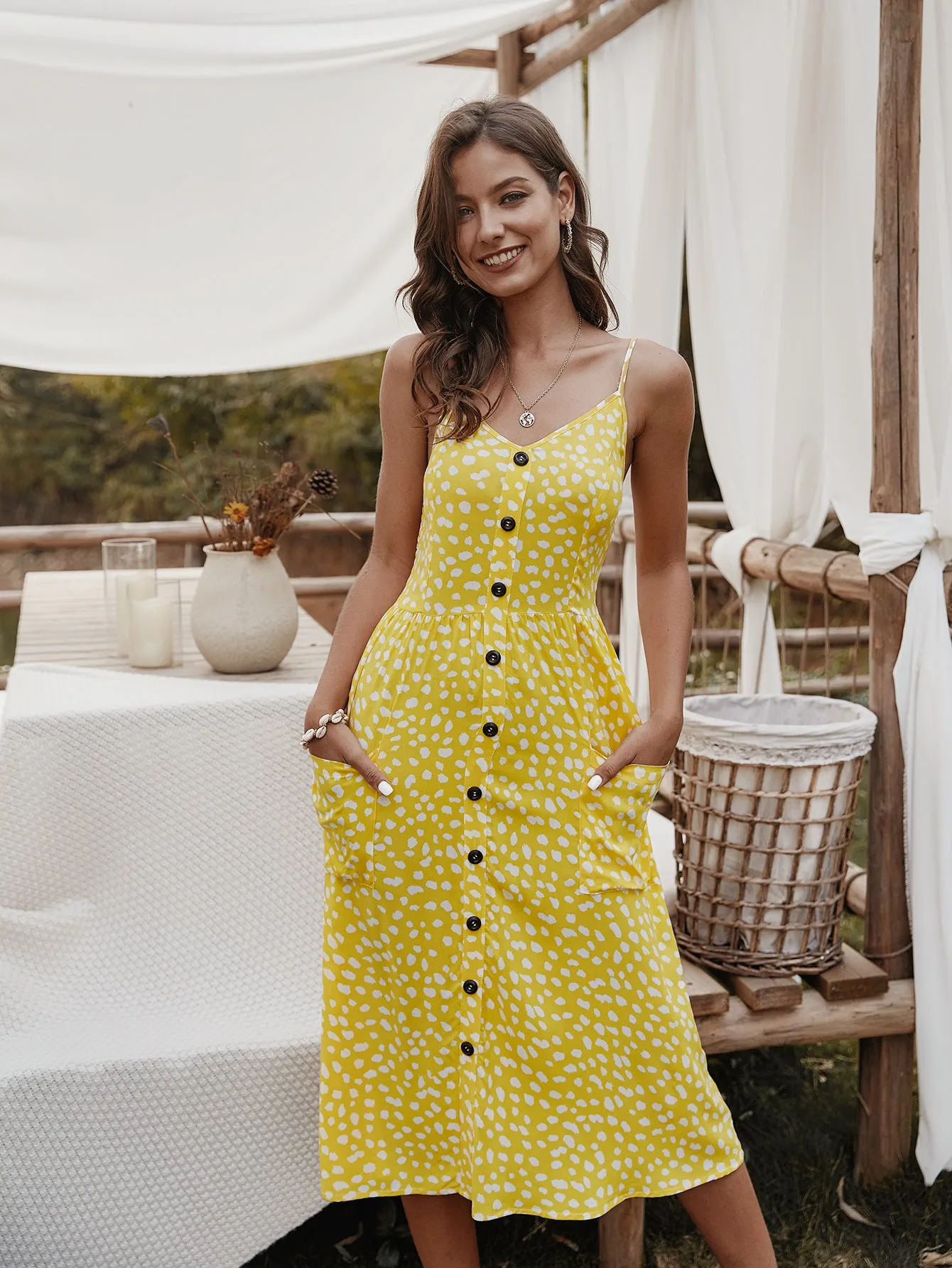 V-neck Suspenders Single-breasted Printed Maxi Dress