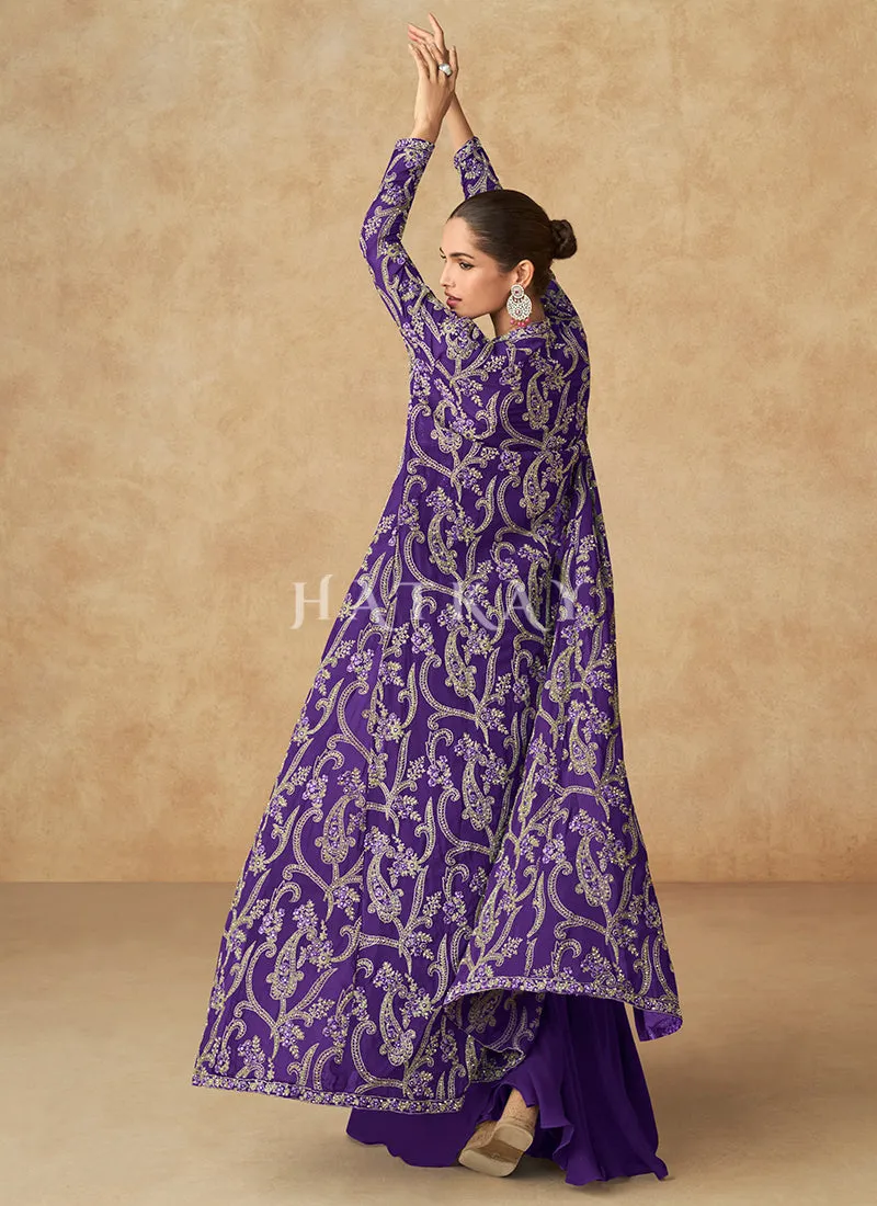 Violet Embroidered Jacket Style Palazzo Suit