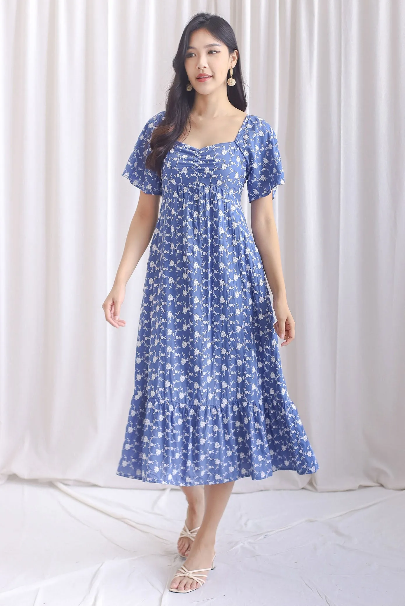 Vivienne Flutter Sleeve Embro Maxi Dress In Dark Blue