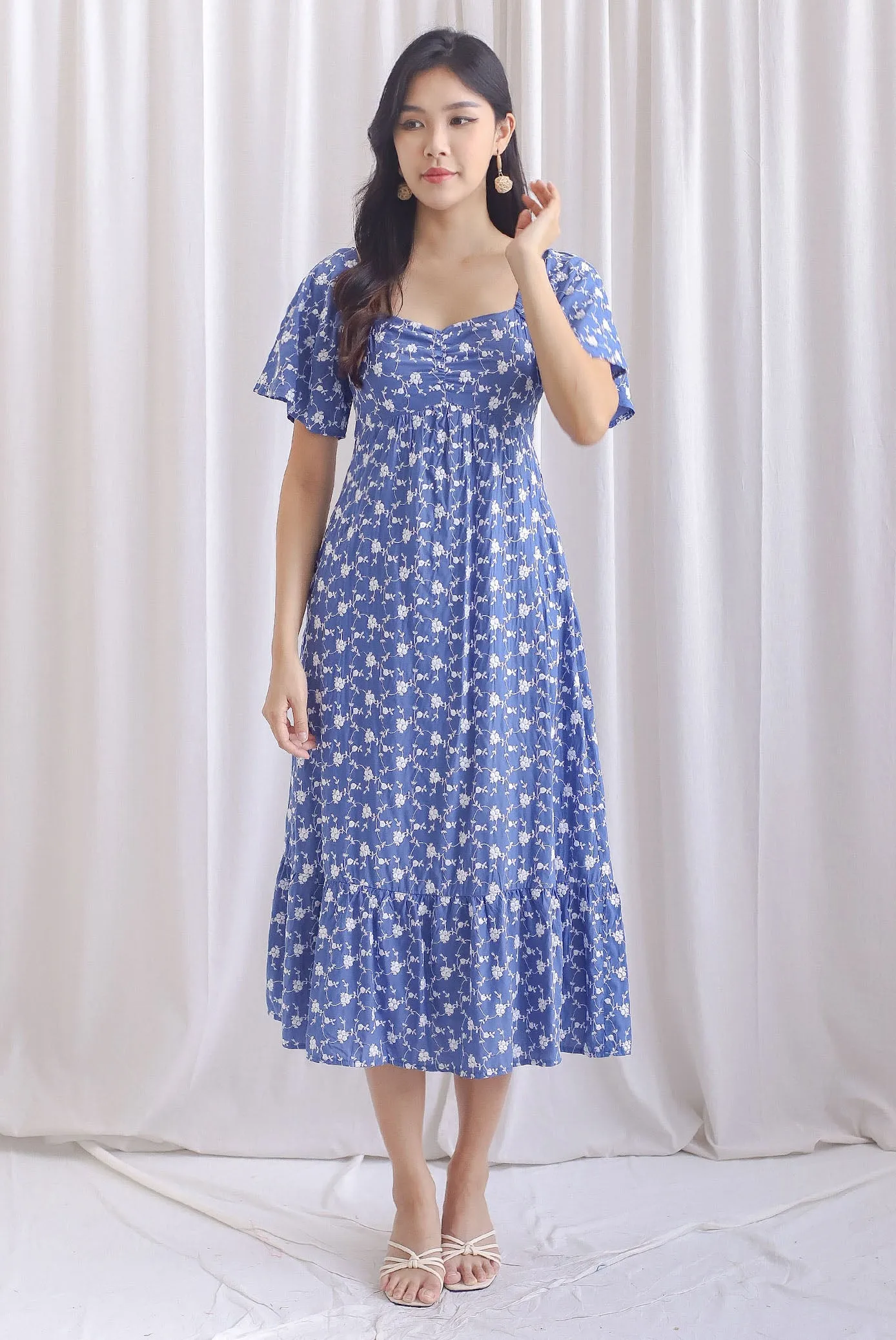 Vivienne Flutter Sleeve Embro Maxi Dress In Dark Blue