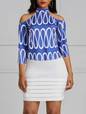 Wavy Blue Short Sleeve Bodycon Dress-All Sizes to Plus Size
