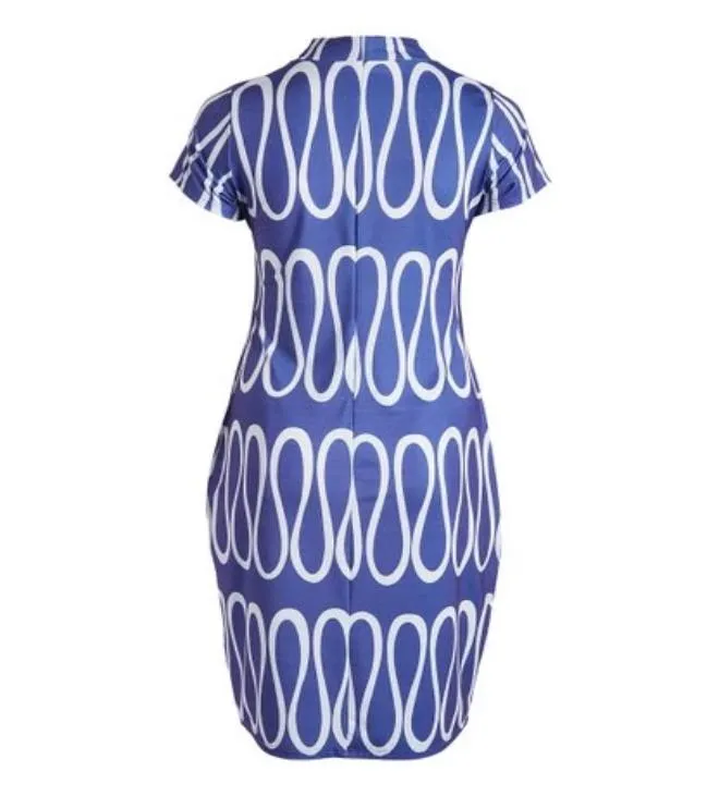 Wavy Blue Short Sleeve Bodycon Dress-All Sizes to Plus Size