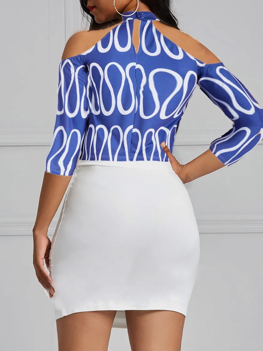 Wavy Blue Short Sleeve Bodycon Dress-All Sizes to Plus Size