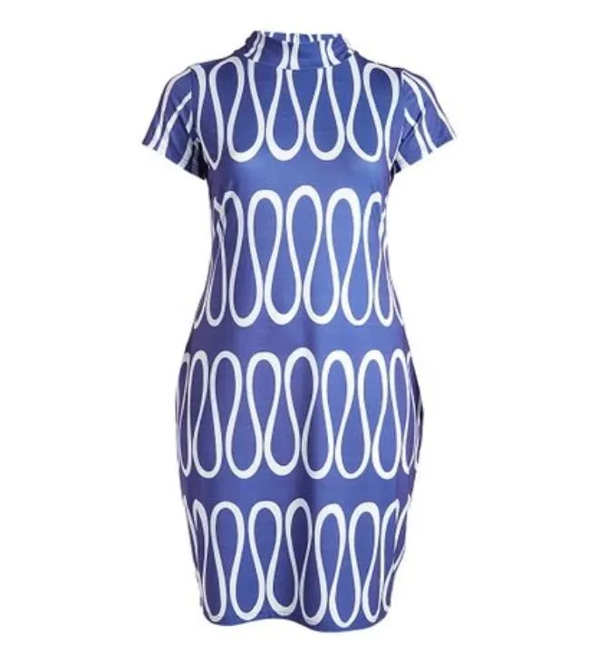 Wavy Blue Short Sleeve Bodycon Dress-All Sizes to Plus Size