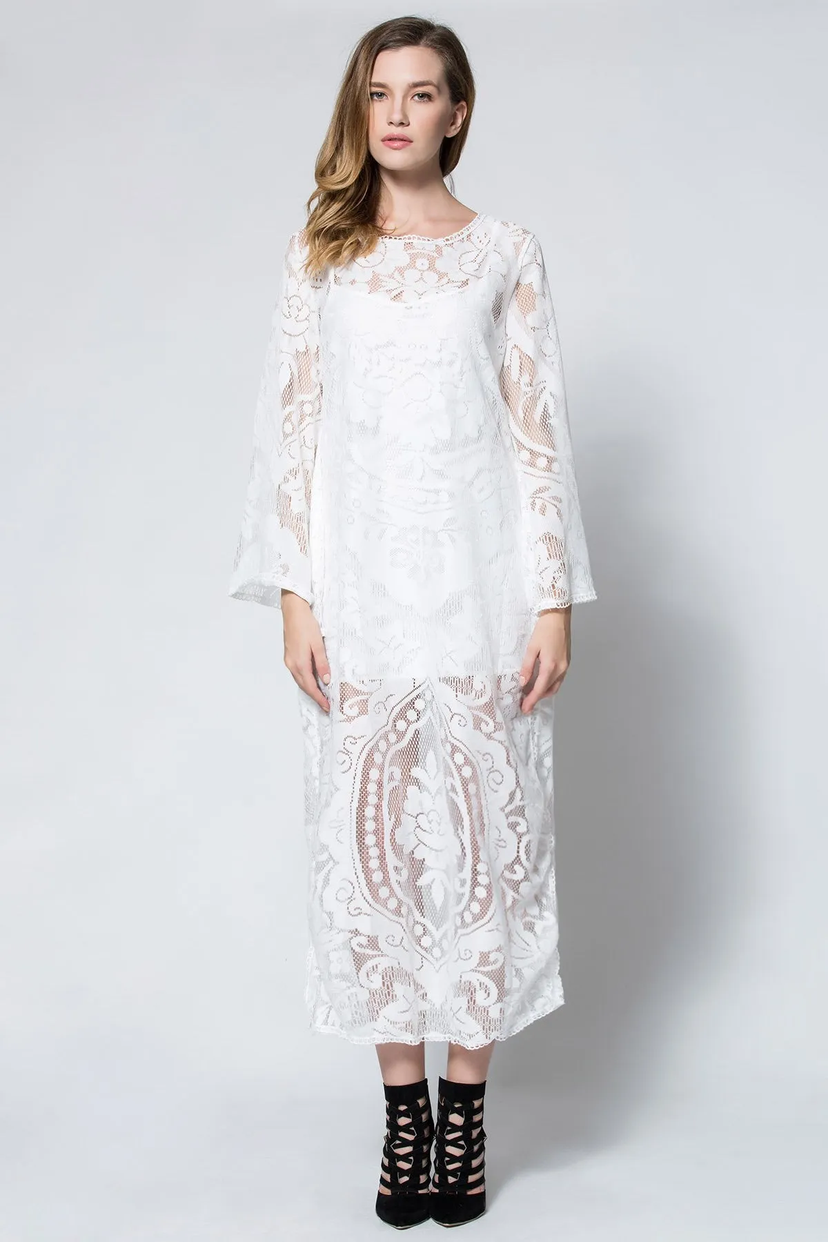 White Flare Sleeve Sheer Lace Maxi Dress