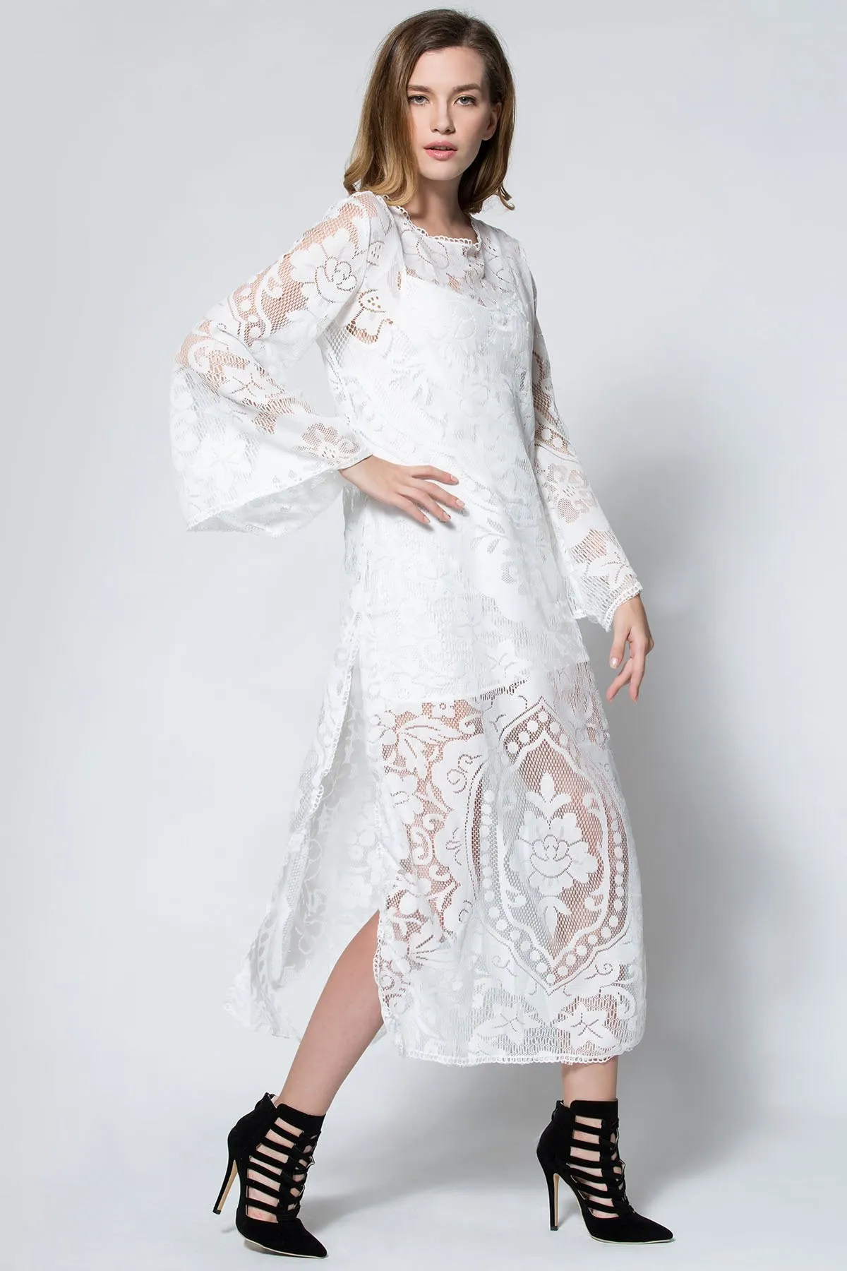 White Flare Sleeve Sheer Lace Maxi Dress