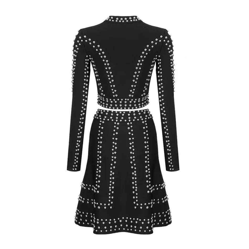 Winter sexy black rivet ladies set Bodycon long sleeve jacket and A-line skirt 2 two-piece set women celebrity party Female Set