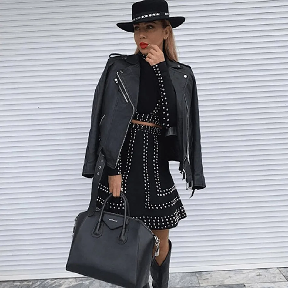 Winter sexy black rivet ladies set Bodycon long sleeve jacket and A-line skirt 2 two-piece set women celebrity party Female Set