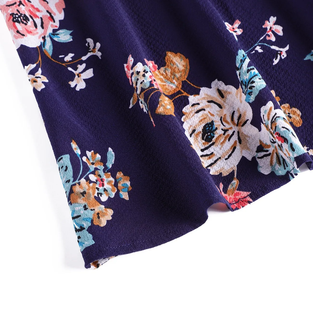 Women Floral Print Navy Blue Chiffon Long Sleeves Fall Dresses