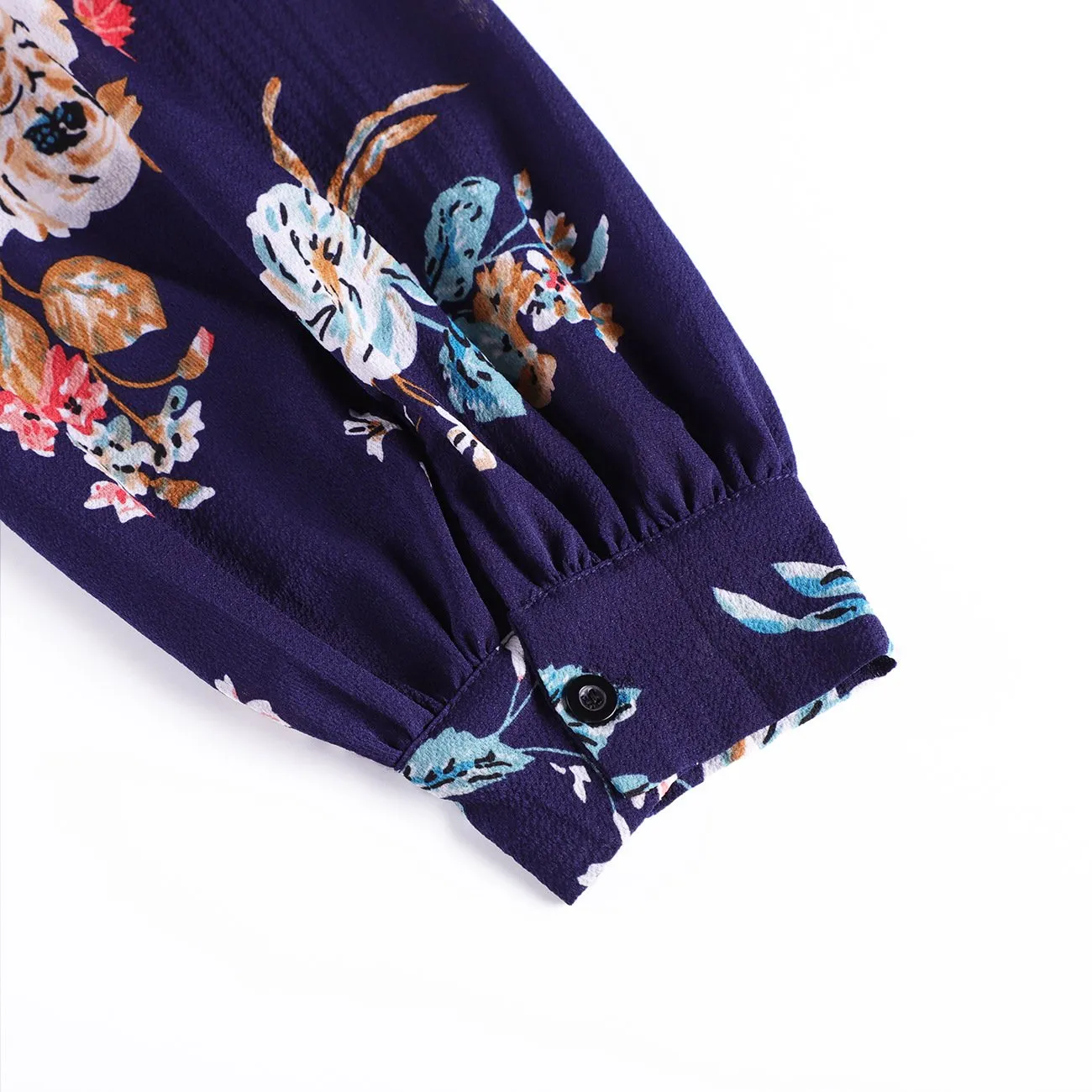 Women Floral Print Navy Blue Chiffon Long Sleeves Fall Dresses