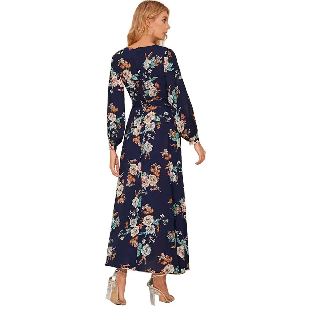 Women Floral Print Navy Blue Chiffon Long Sleeves Fall Dresses