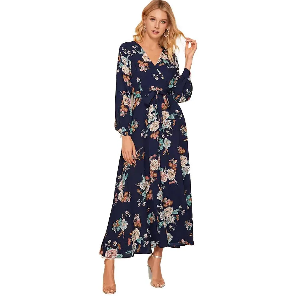 Women Floral Print Navy Blue Chiffon Long Sleeves Fall Dresses