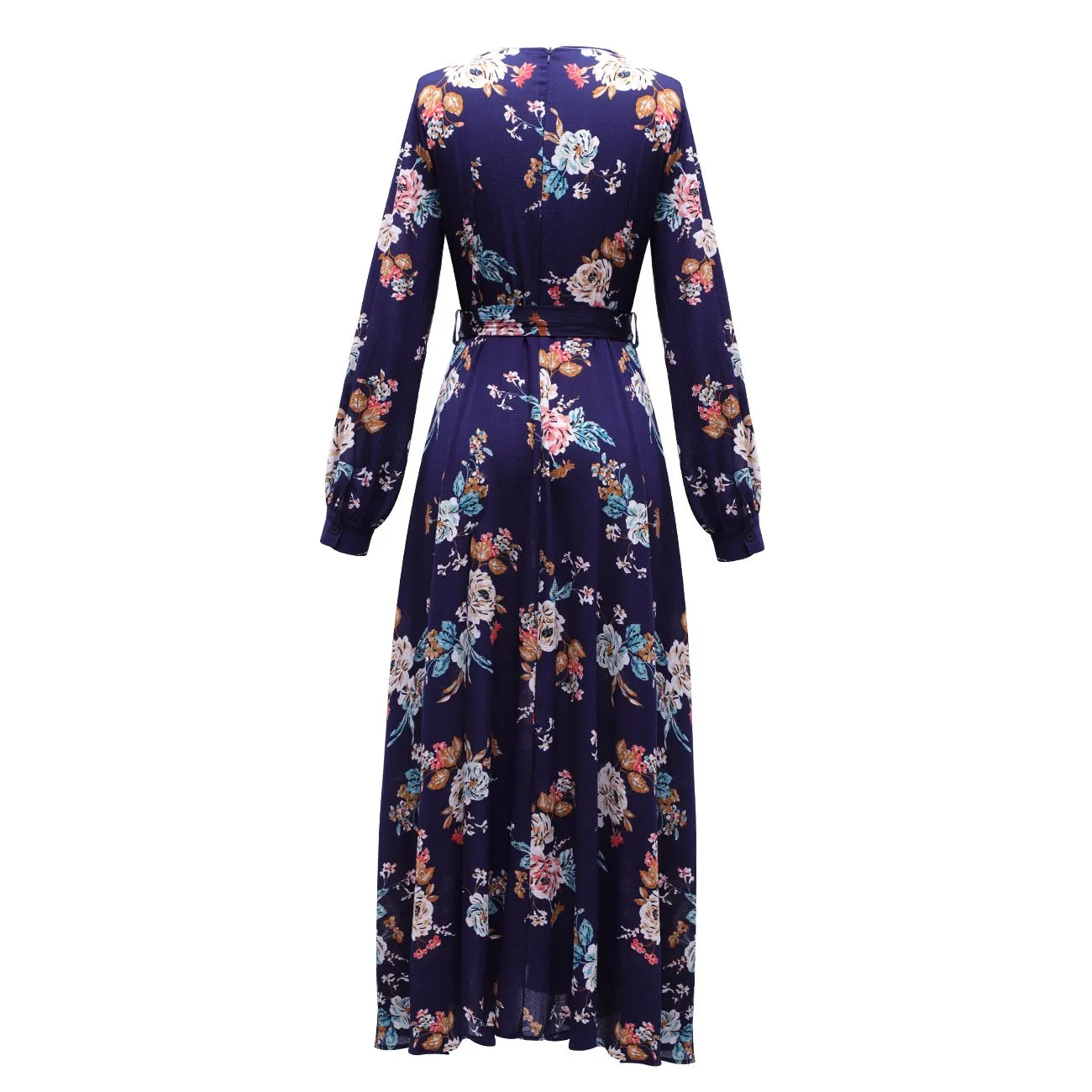 Women Floral Print Navy Blue Chiffon Long Sleeves Fall Dresses