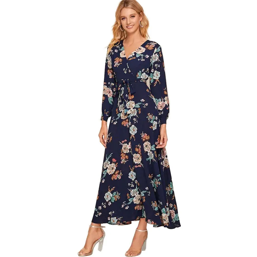 Women Floral Print Navy Blue Chiffon Long Sleeves Fall Dresses