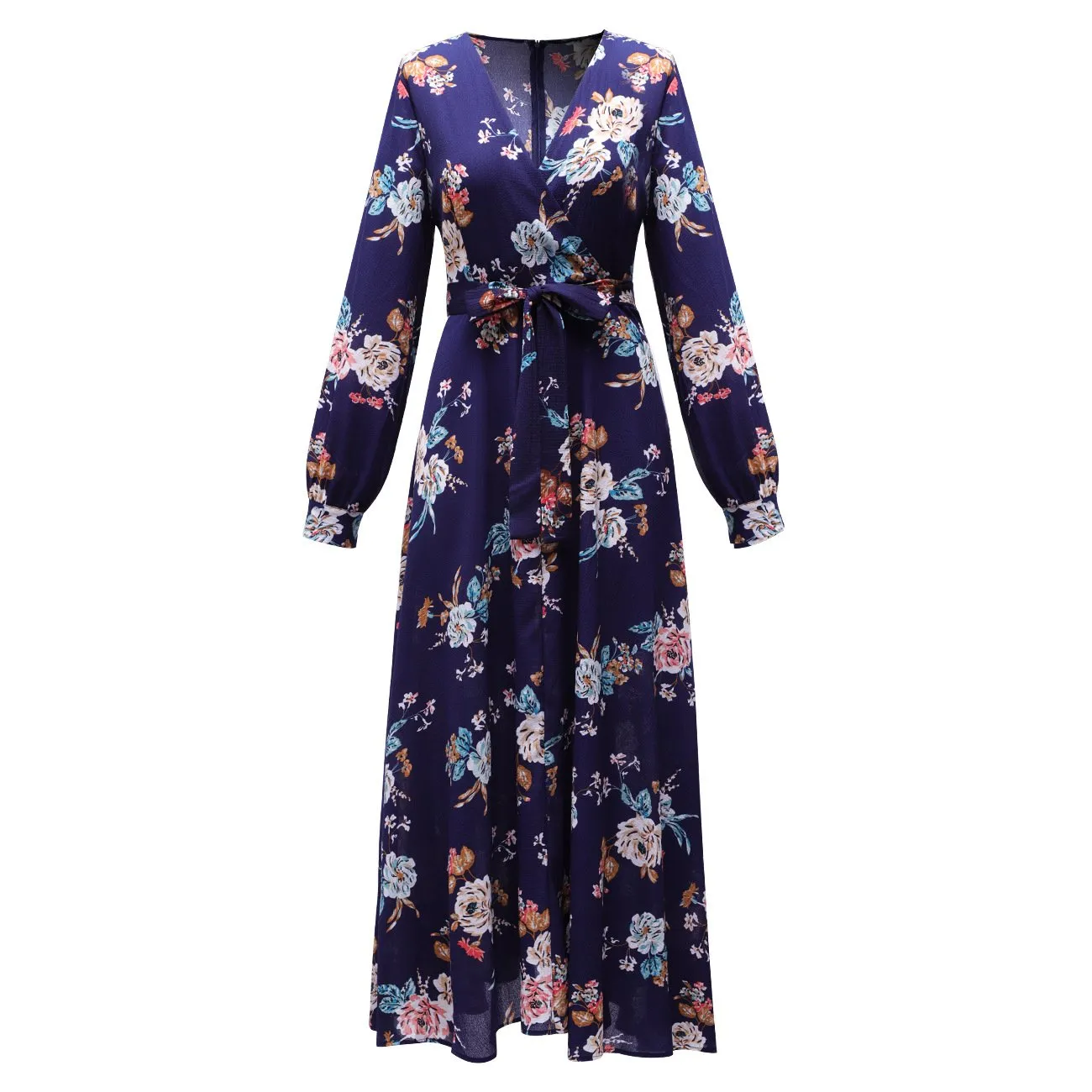 Women Floral Print Navy Blue Chiffon Long Sleeves Fall Dresses