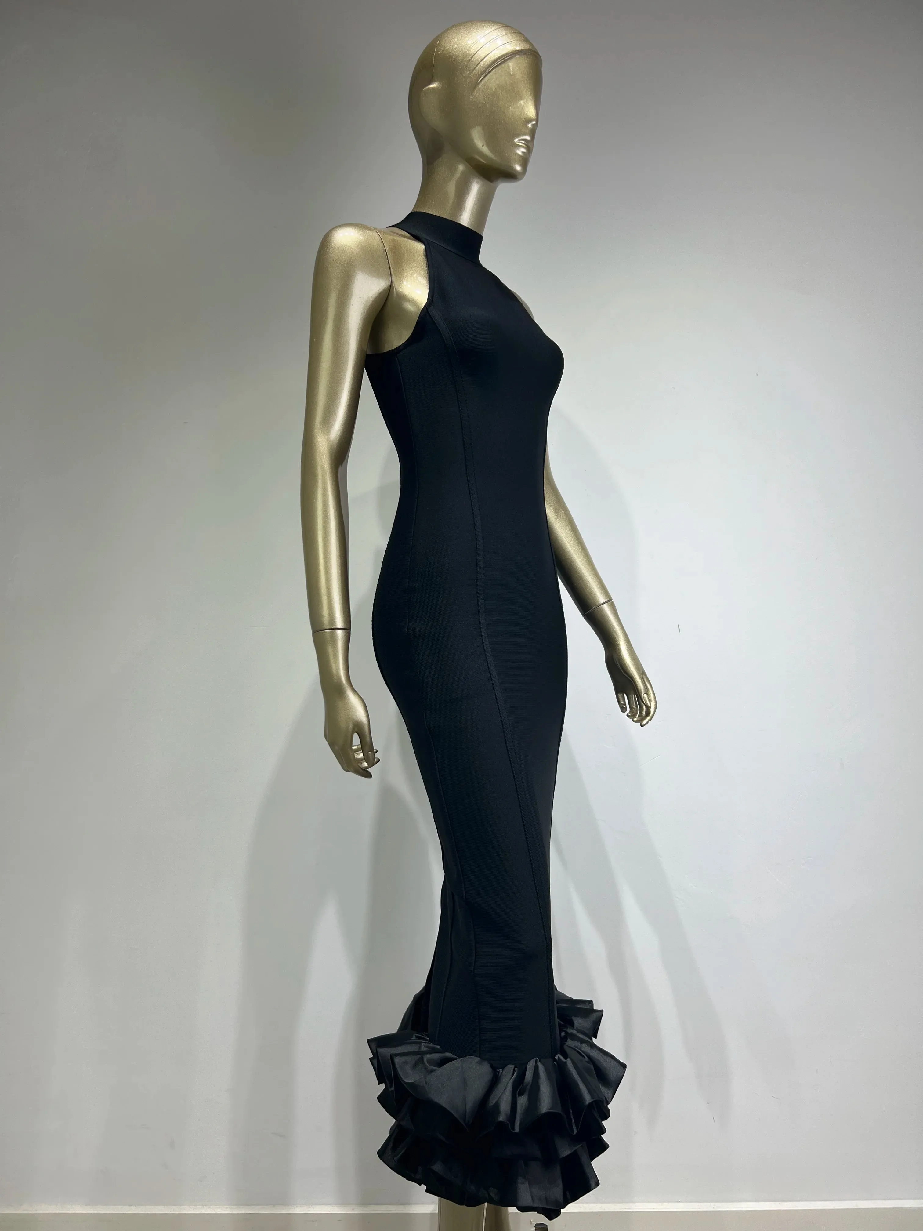 Women's Halter Neck Ruffle Hem Black Mermaid Mid-Calf Bodycon Bandage Dress Elegant Party Wedding Gala Dress