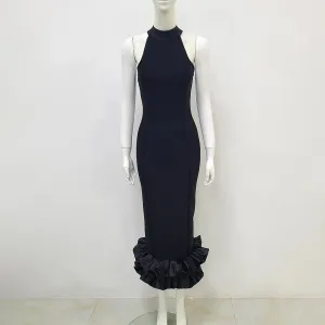 Women's Halter Neck Ruffle Hem Black Mermaid Mid-Calf Bodycon Bandage Dress Elegant Party Wedding Gala Dress