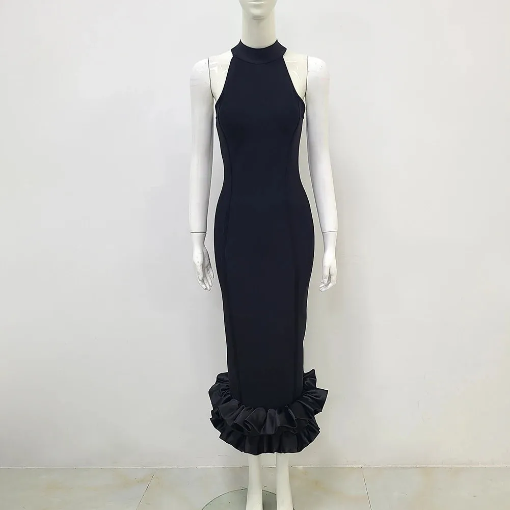 Women's Halter Neck Ruffle Hem Black Mermaid Mid-Calf Bodycon Bandage Dress Elegant Party Wedding Gala Dress