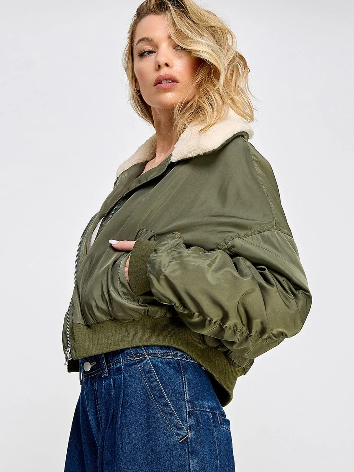 WOMEN'S LONG SLEEVE ZIP UP POCKETS SHERPA BOMBER JACKET