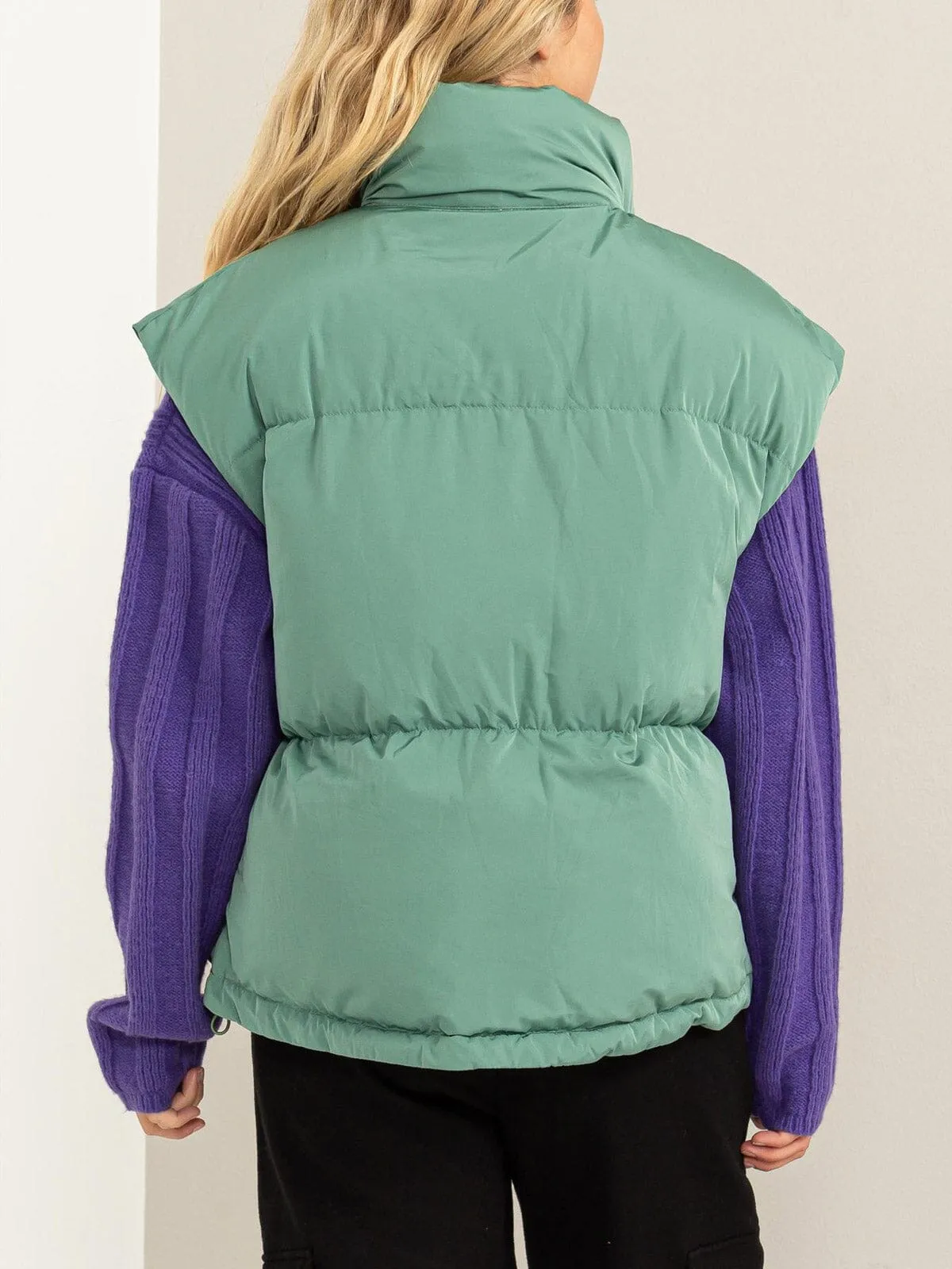 WOMEN'S SLEEVELESS BUTTON & ZIPPER CLOSURE POCKETS PUFFER VEST